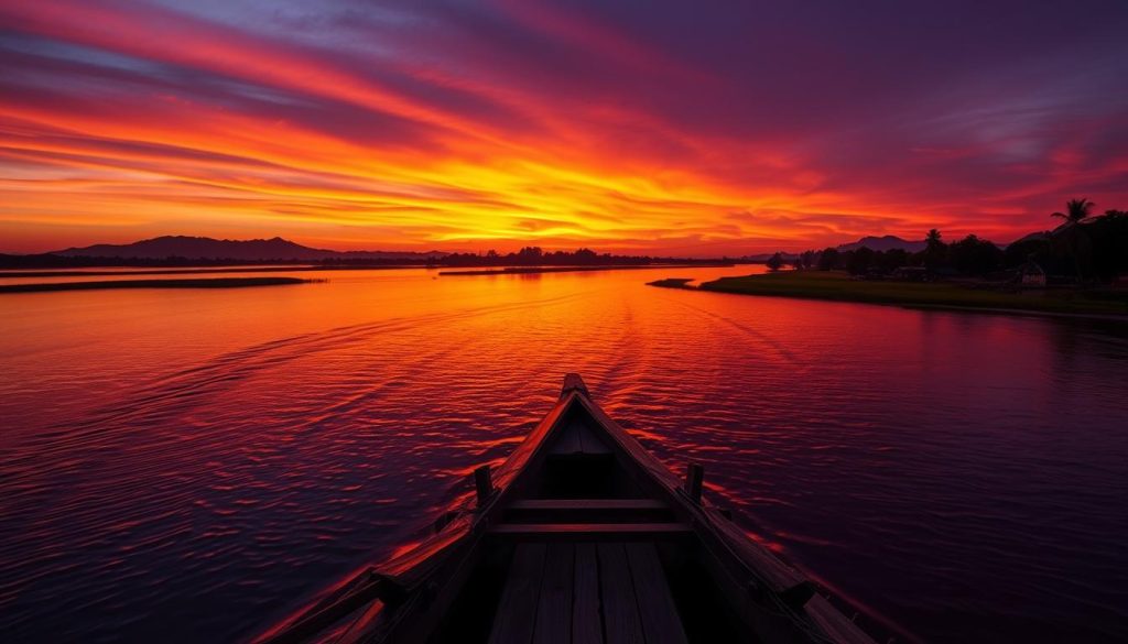 Traditional longboat on Mekong River at sunset for Laos travel guide 2025